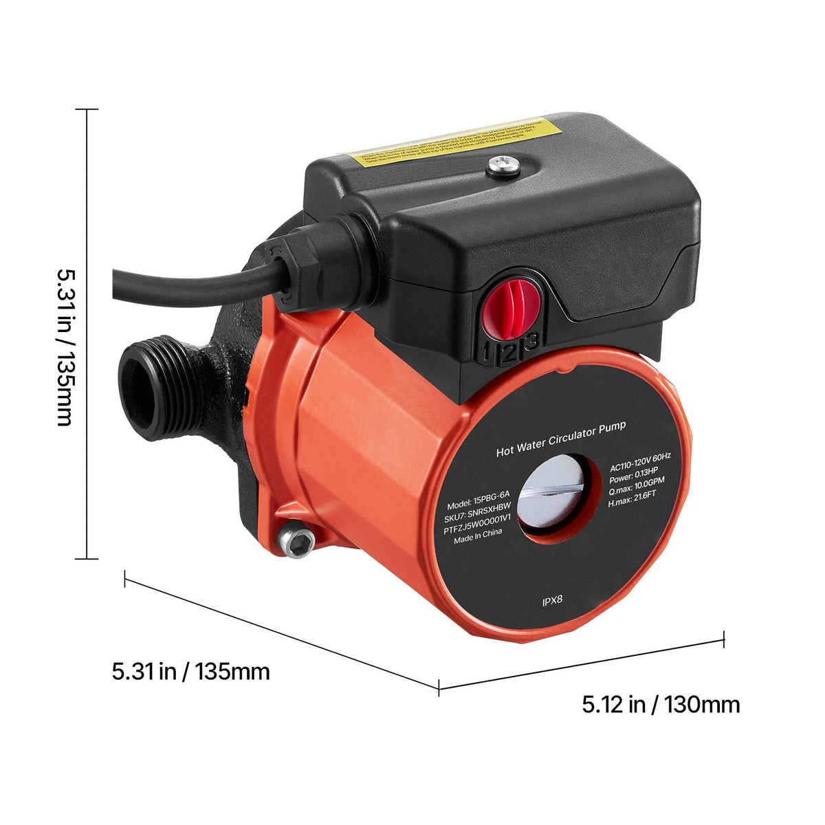 Hot Water Recirculating Pump, 10 GPM, Instant Circulation Circulator Pump System, 3-Speed Control, 0.13 HP, 110-120V, NPT 3/4 in to NPT 1/2 in Adapter, Cast Iron Head, for Water Heater System