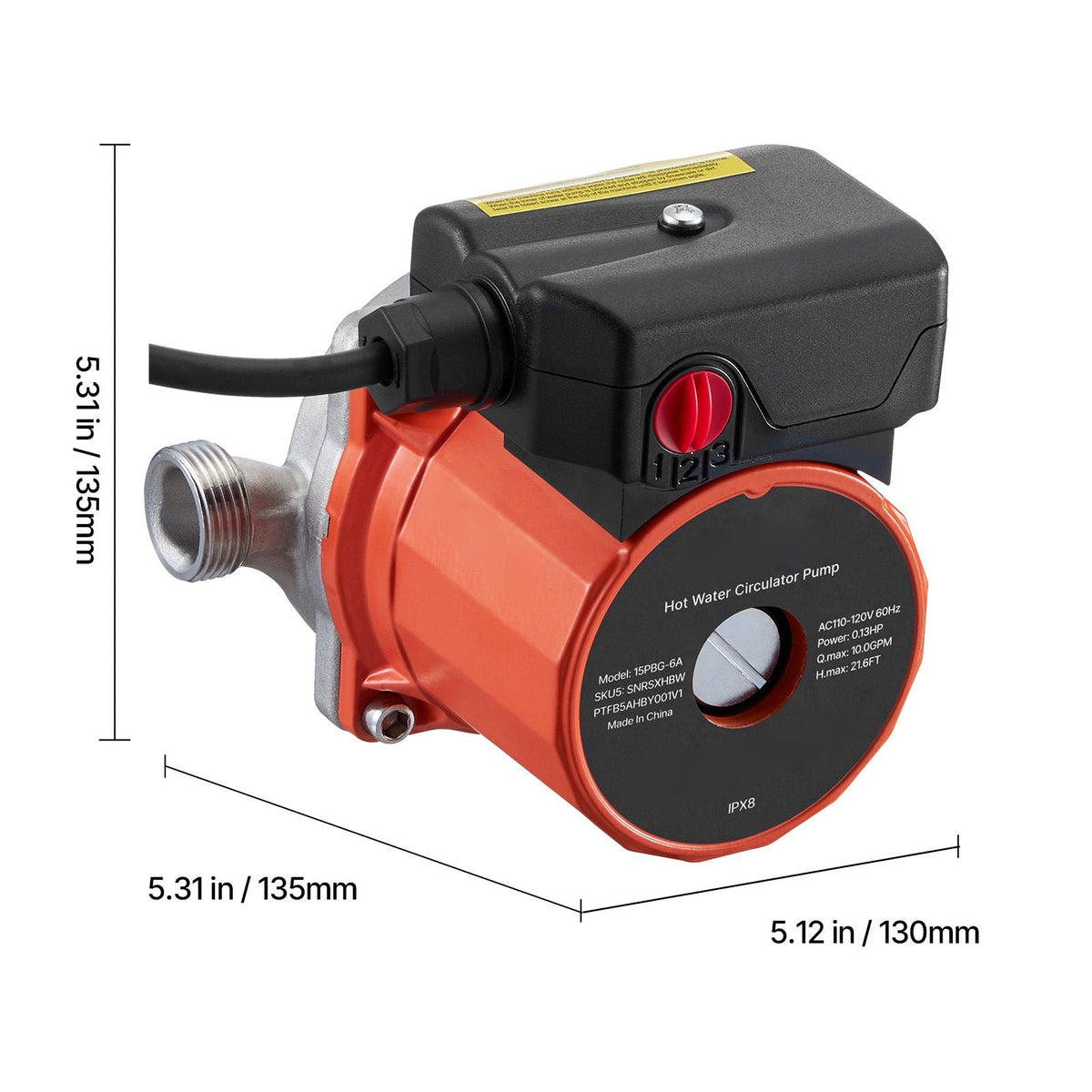 Hot Water Recirculating Pump, 10 GPM, Instant Circulation Circulator Pump System, 3-Speed Control, 0.13 HP, 110-120V, NPT 3/4 in to NPT 1/2 in Adapter, Stainless Steel Head, for Water Heaters