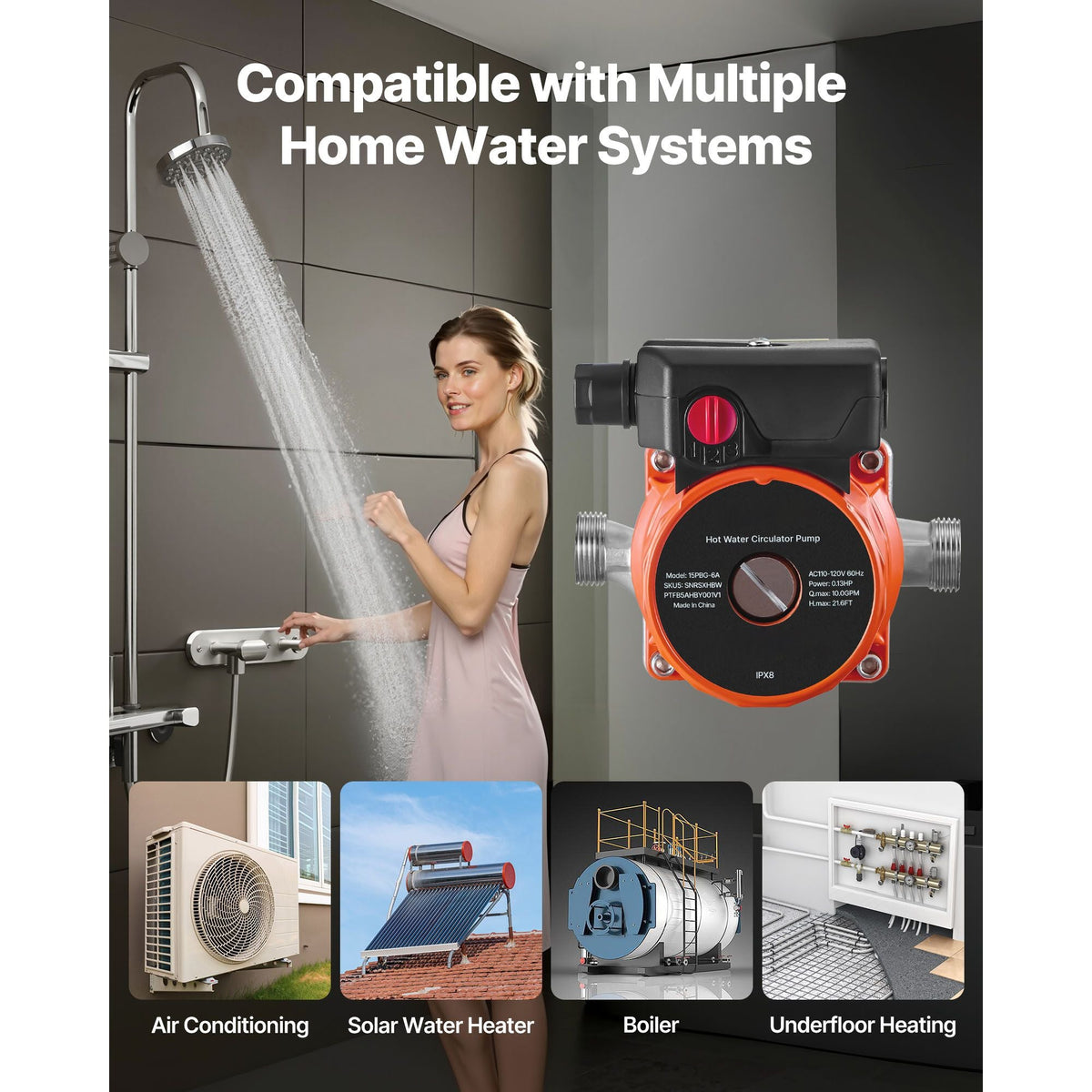 Hot Water Recirculating Pump, 10 GPM, Instant Circulation Circulator Pump System, 3-Speed Control, 0.13 HP, 110-120V, NPT 3/4 in to NPT 1/2 in Adapter, Stainless Steel Head, for Water Heaters