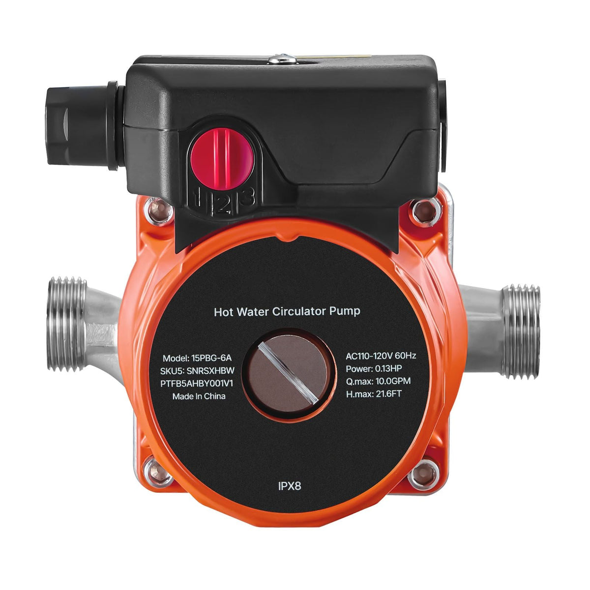 Hot Water Recirculating Pump, 10 GPM, Instant Circulation Circulator Pump System, 3-Speed Control, 0.13 HP, 110-120V, NPT 3/4 in to NPT 1/2 in Adapter, Stainless Steel Head, for Water Heaters