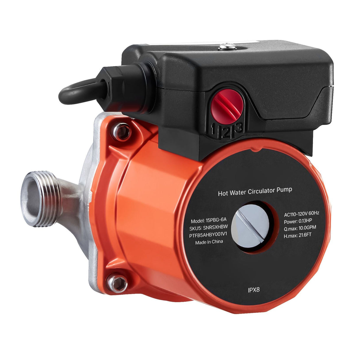 Hot Water Recirculating Pump, 10 GPM, Instant Circulation Circulator Pump System, 3-Speed Control, 0.13 HP, 110-120V, NPT 3/4 in to NPT 1/2 in Adapter, Stainless Steel Head, for Water Heaters