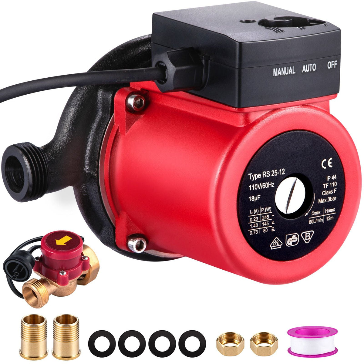 Hot Water Recirculating Pump, 245W 110V Water Circulator Pump, Automatic Start Circulating Pump NPT 3/4\" with Brass Fittings, Stainless Steel Head, 2 Speed Control for Electric Water Heater Sys