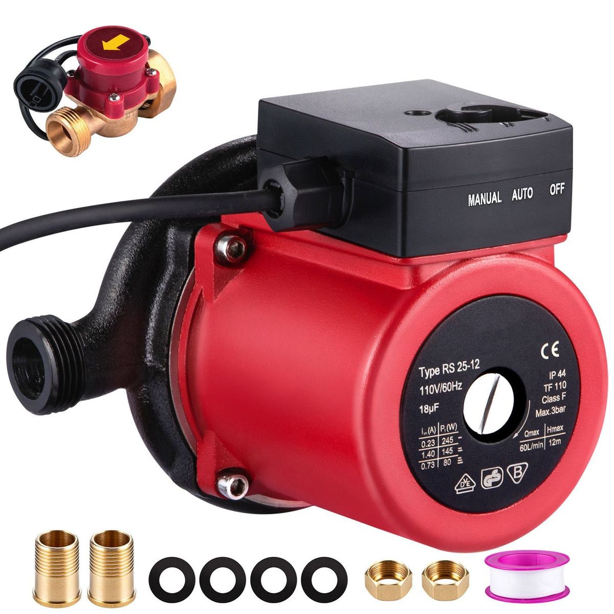 Hot Water Recirculating Pump, 245W 110V Water Circulator Pump, Automatic Start Circulating Pump NPT 3/4\" with Brass Fittings, Stainless Steel Head, 2 Speed Control for Electric Water Heater Sys