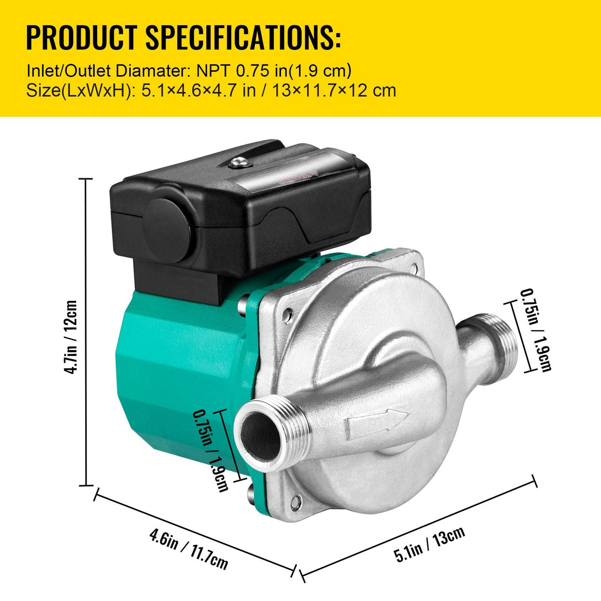 Hot Water Recirculating Pump, 93W, 110V Water Circulator Pump, Circulation Pump, 3/4″ G Thread to 1/2″ NPT Brass Adapter, Stainless Steel Head, 3 Speed Control for Electric Water Heater System
