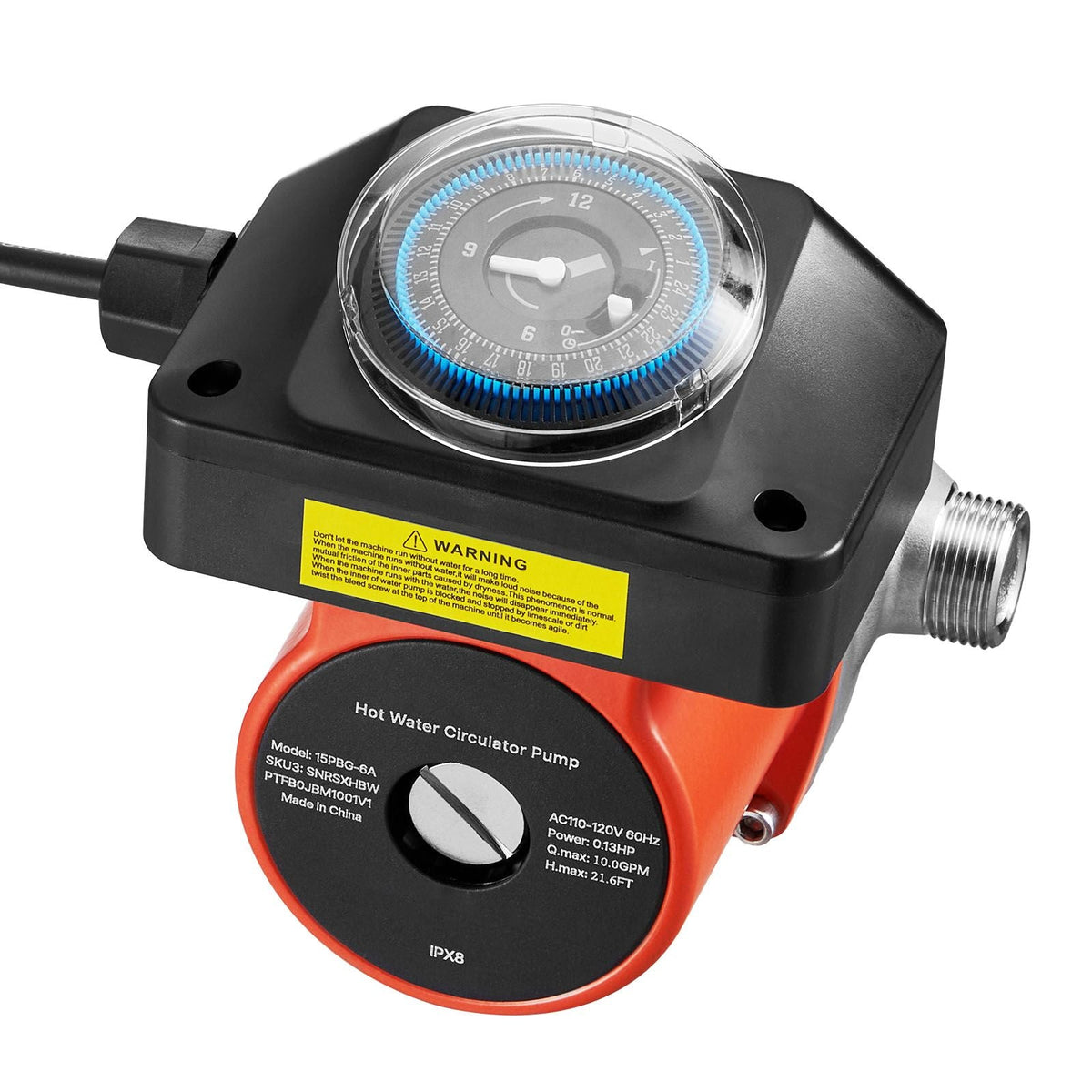 Hot Water Recirculating Pump, with Timer, 10 GPM Instant Recirculation Pump Kit, Circulation Circulator System, 0.13 HP AC 110-120V, NPT 3/4 in to NPT 1/2 in Connector, for Solar Water Heater