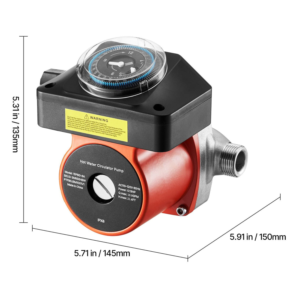 Hot Water Recirculating Pump, with Timer, 10 GPM Instant Recirculation Pump Kit, Circulation Circulator System, 0.13 HP AC 110-120V, NPT 3/4 in to NPT 1/2 in Connector, for Solar Water Heater