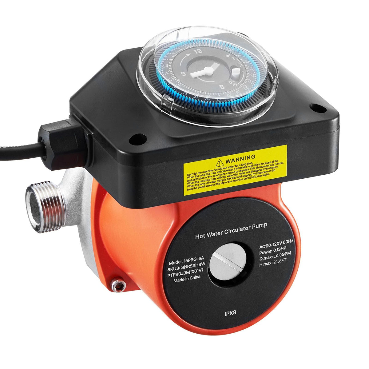 Hot Water Recirculating Pump, with Timer, 10 GPM Instant Recirculation Pump Kit, Circulation Circulator System, 0.13 HP AC 110-120V, NPT 3/4 in to NPT 1/2 in Connector, for Solar Water Heater