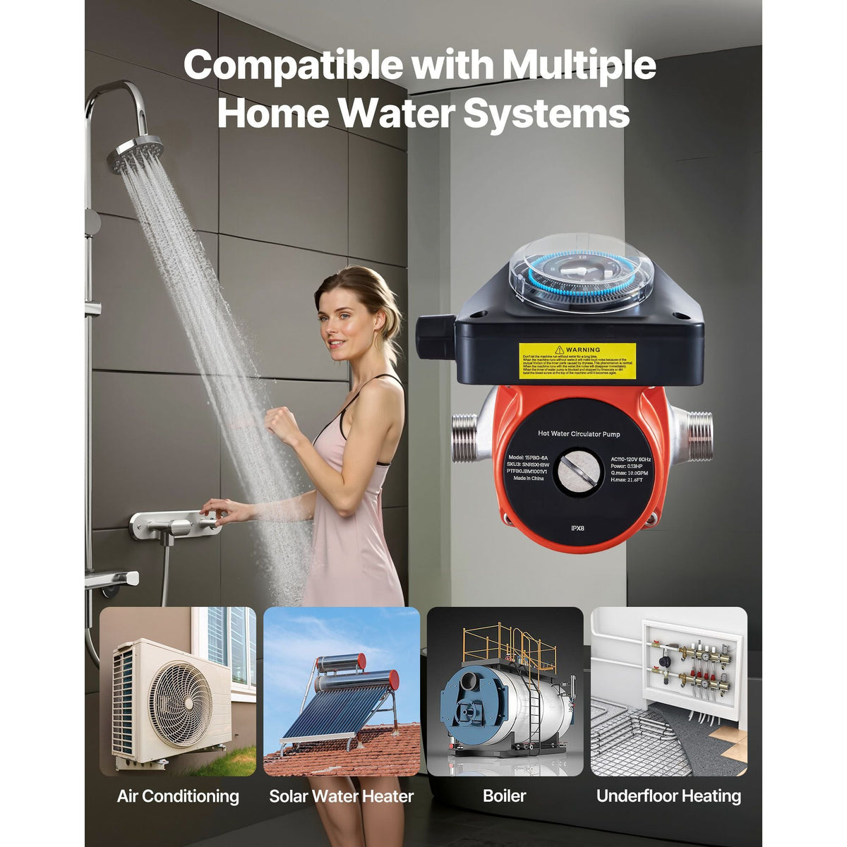 Hot Water Recirculating Pump, with Timer, 10 GPM Instant Recirculation Pump Kit, Circulation Circulator System, 0.13 HP AC 110-120V, NPT 3/4 in to NPT 1/2 in Connector, for Solar Water Heater