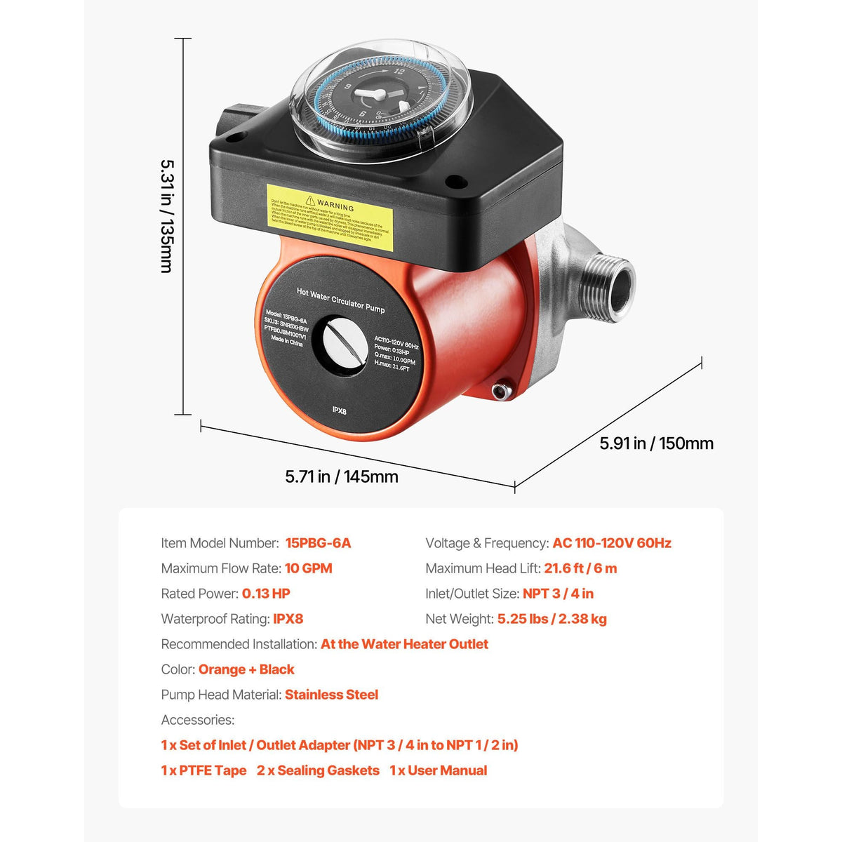 Hot Water Recirculating Pump, with Timer, 10 GPM Instant Recirculation Pump Kit, Circulation Circulator System, 0.13 HP AC 110-120V, NPT 3/4 in to NPT 1/2 in Connector, for Solar Water Heater