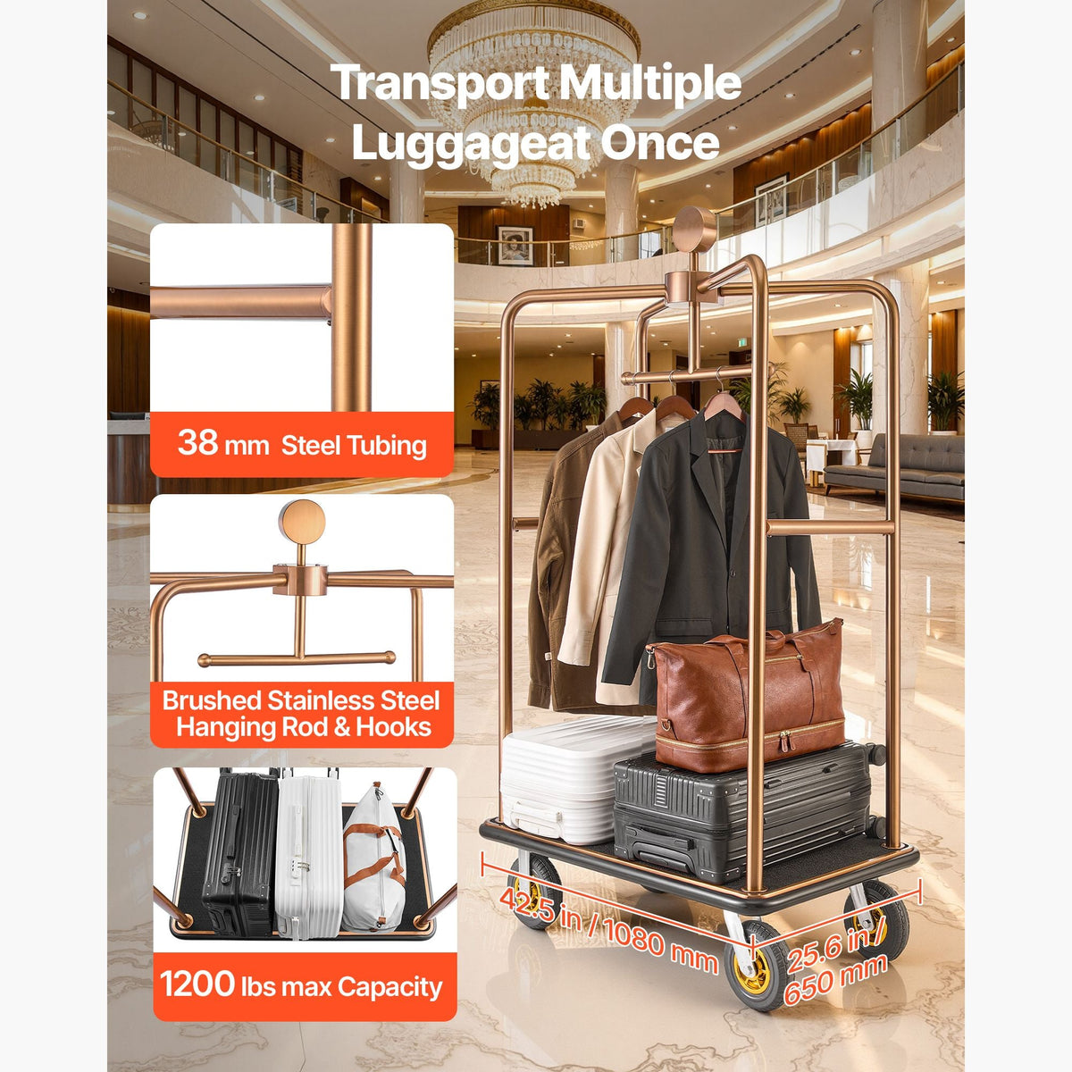 Hotel Luggage Cart, 1200 lbs Heavy Duty Bellman Cart with Stainless Steel Frame, 8 in Rubber Wheels, Black Carpeted Deck, Commercial Luggage Carrier Rolling Trolley for Hotels,Resorts, Rose Gold
