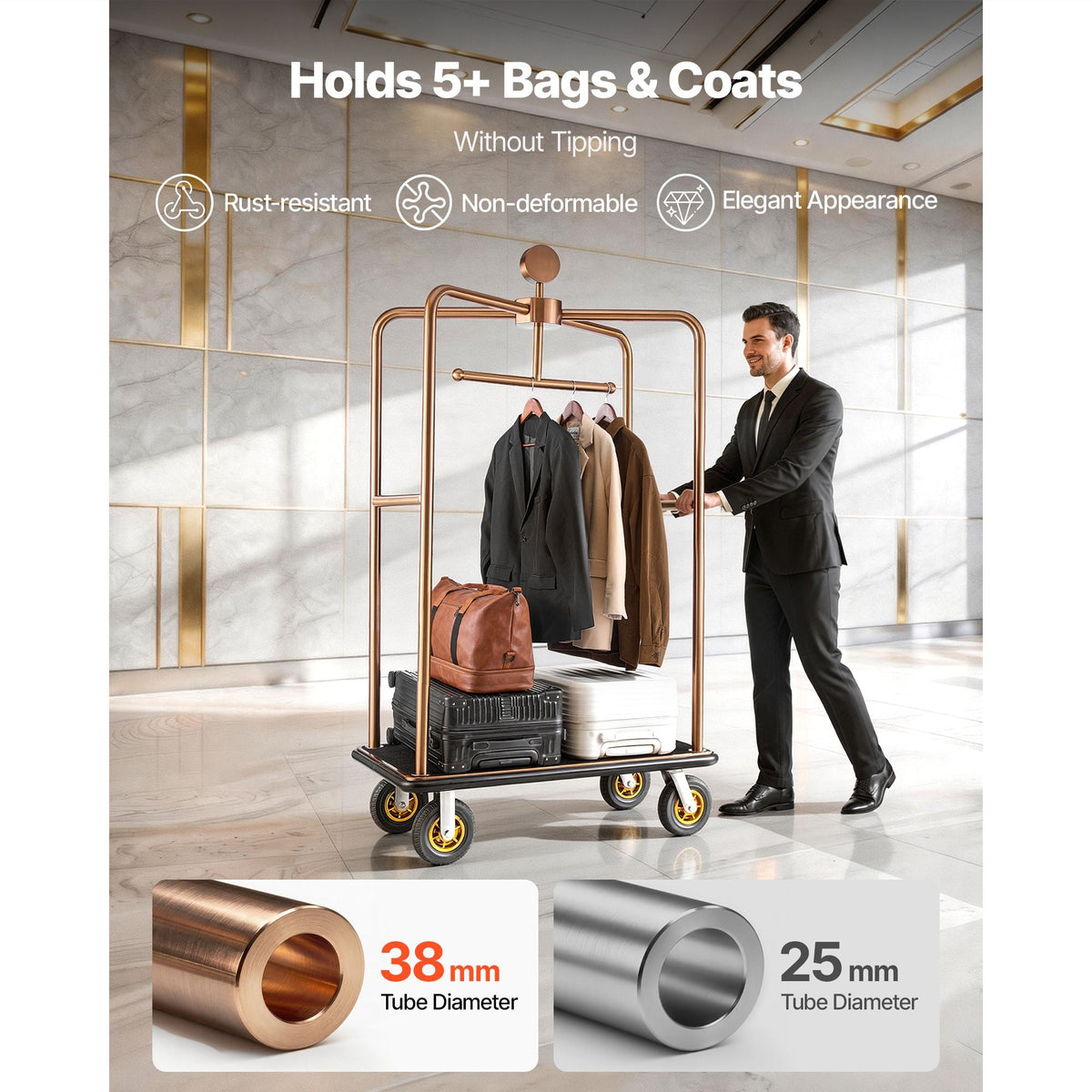Hotel Luggage Cart, 1200 lbs Heavy Duty Bellman Cart with Stainless Steel Frame, 8 in Rubber Wheels, Black Carpeted Deck, Commercial Luggage Carrier Rolling Trolley for Hotels,Resorts, Rose Gold