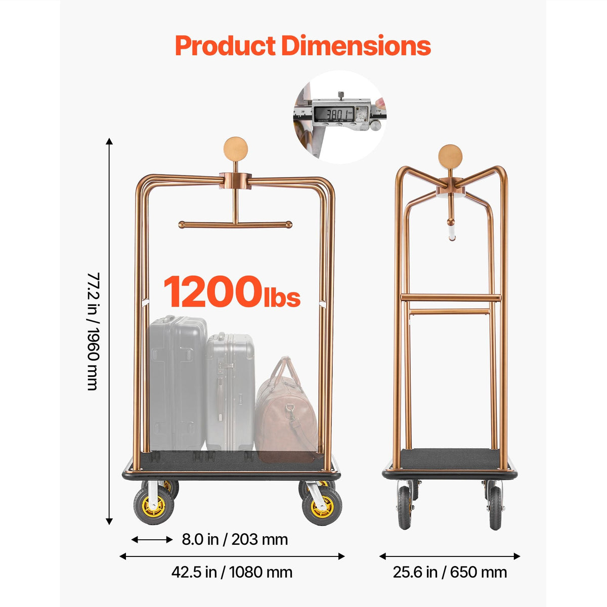 Hotel Luggage Cart, 1200 lbs Heavy Duty Bellman Cart with Stainless Steel Frame, 8 in Rubber Wheels, Black Carpeted Deck, Commercial Luggage Carrier Rolling Trolley for Hotels,Resorts, Rose Gold