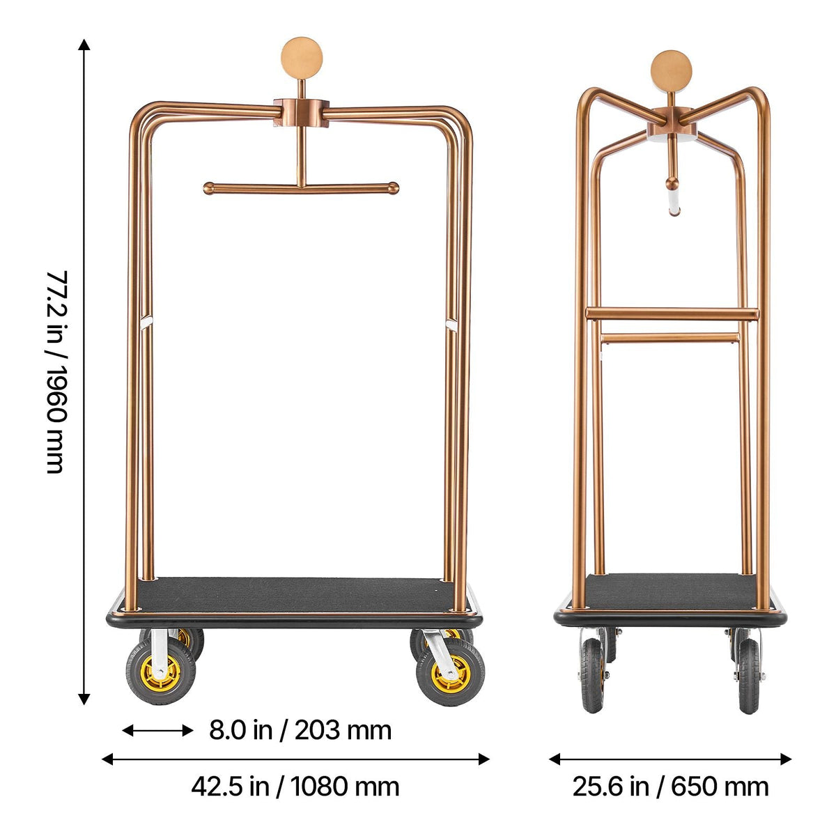 Hotel Luggage Cart, 1200 lbs Heavy Duty Bellman Cart with Stainless Steel Frame, 8 in Rubber Wheels, Black Carpeted Deck, Commercial Luggage Carrier Rolling Trolley for Hotels,Resorts, Rose Gold