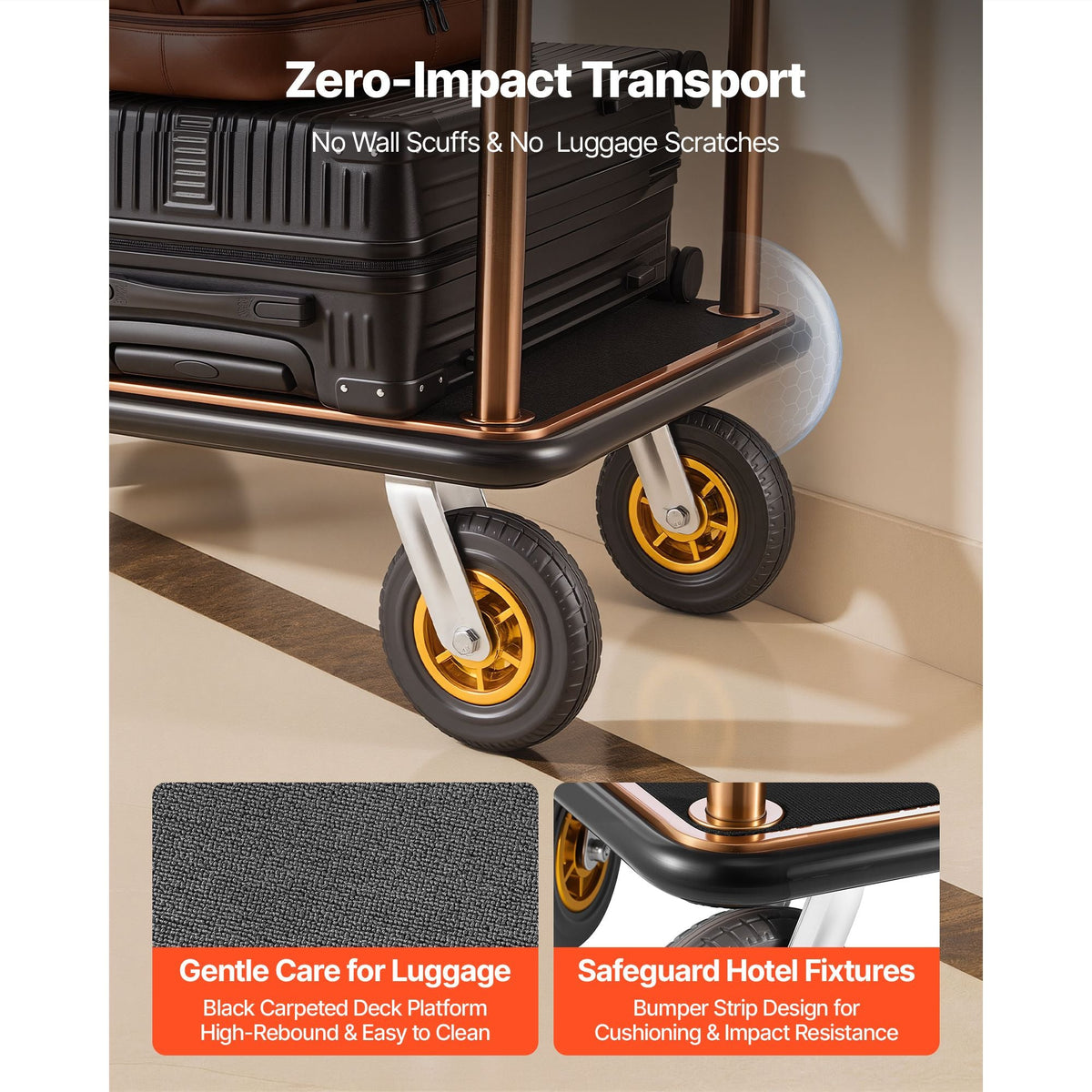 Hotel Luggage Cart, 1200 lbs Heavy Duty Bellman Cart with Stainless Steel Frame, 8 in Rubber Wheels, Black Carpeted Deck, Commercial Luggage Carrier Rolling Trolley for Hotels,Resorts, Rose Gold