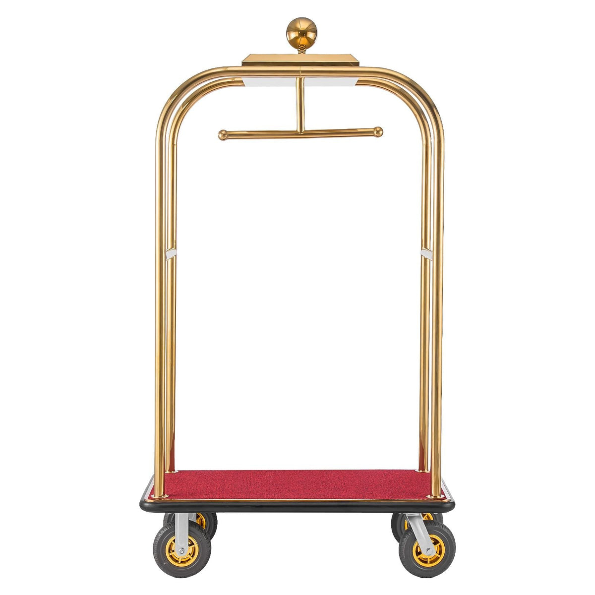 Hotel Luggage Cart, 1200 lbs Heavy Duty Bellman Cart with Stainless Steel Frame, 8 in Rubber Wheels, Red Carpeted Deck, Commercial Luggage Carrier Rolling Trolley for Hotels, Resorts, Gold