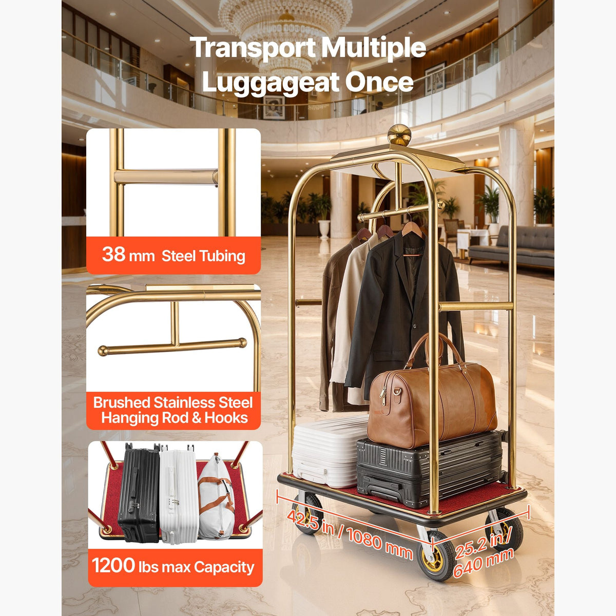 Hotel Luggage Cart, 1200 lbs Heavy Duty Bellman Cart with Stainless Steel Frame, 8 in Rubber Wheels, Red Carpeted Deck, Commercial Luggage Carrier Rolling Trolley for Hotels, Resorts, Gold