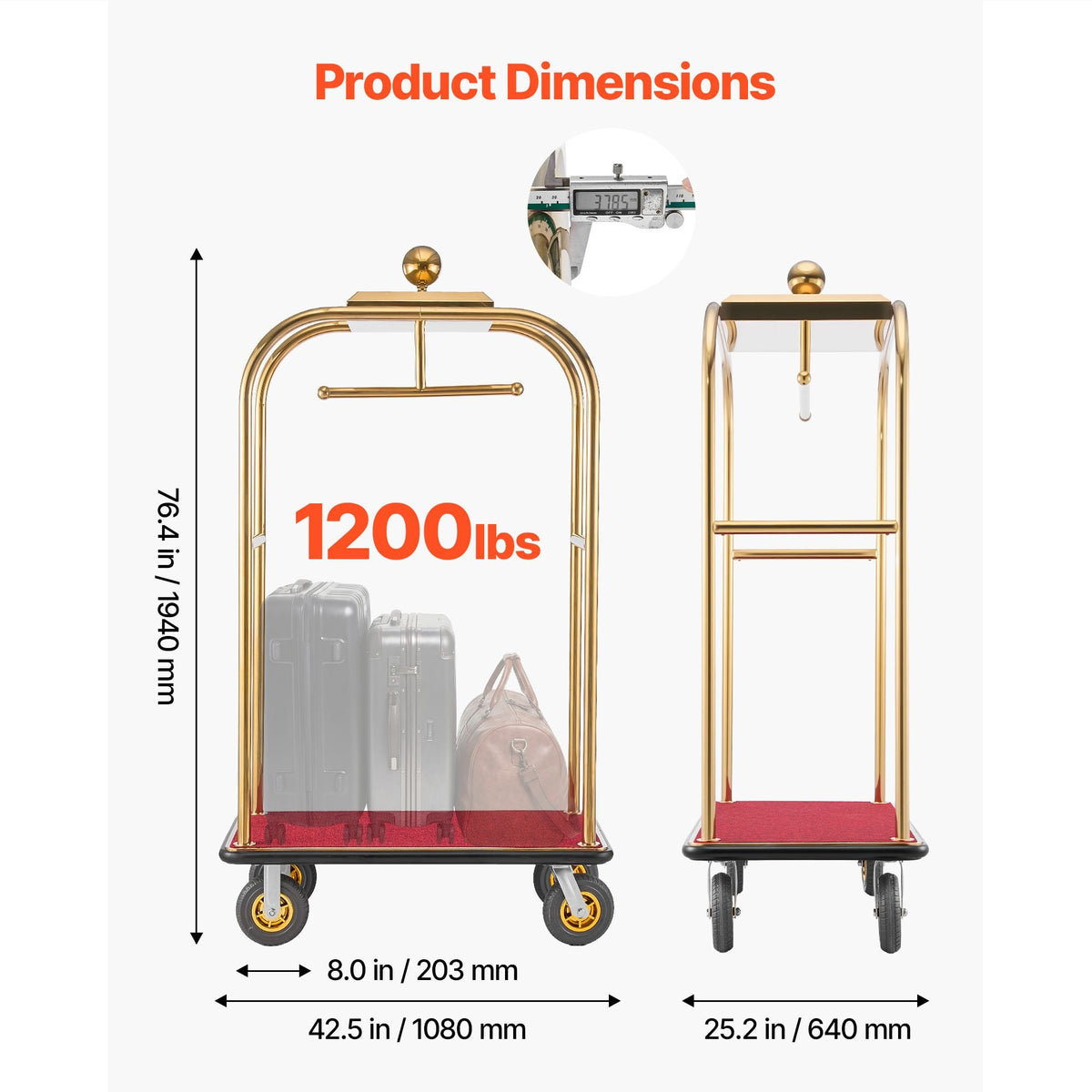 Hotel Luggage Cart, 1200 lbs Heavy Duty Bellman Cart with Stainless Steel Frame, 8 in Rubber Wheels, Red Carpeted Deck, Commercial Luggage Carrier Rolling Trolley for Hotels, Resorts, Gold