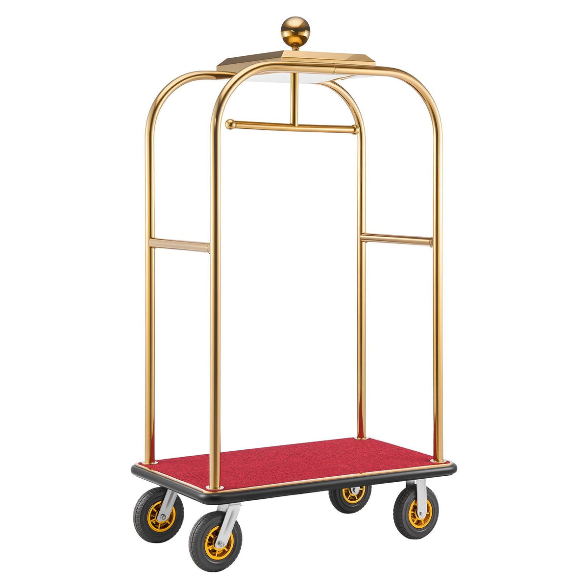 Hotel Luggage Cart, 1200 lbs Heavy Duty Bellman Cart with Stainless Steel Frame, 8 in Rubber Wheels, Red Carpeted Deck, Commercial Luggage Carrier Rolling Trolley for Hotels, Resorts, Gold
