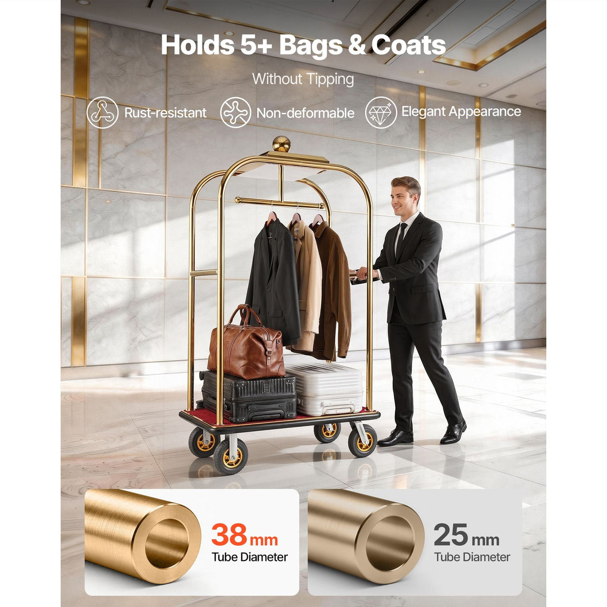 Hotel Luggage Cart, 1200 lbs Heavy Duty Bellman Cart with Stainless Steel Frame, 8 in Rubber Wheels, Red Carpeted Deck, Commercial Luggage Carrier Rolling Trolley for Hotels, Resorts, Gold