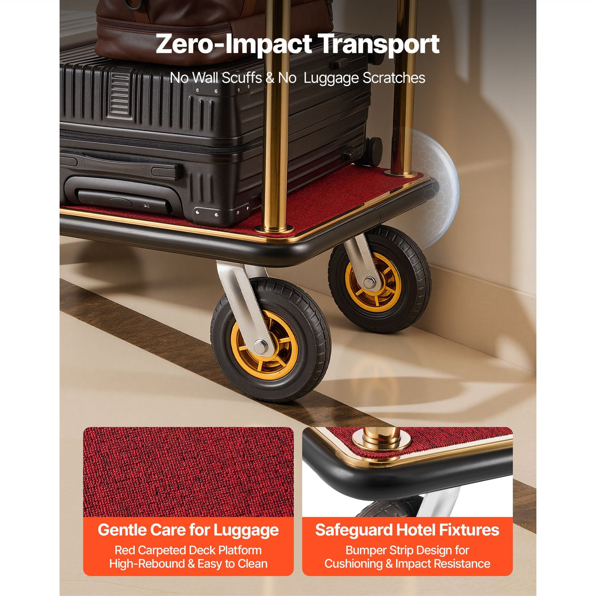 Hotel Luggage Cart, 1200 lbs Heavy Duty Bellman Cart with Stainless Steel Frame, 8 in Rubber Wheels, Red Carpeted Deck, Commercial Luggage Carrier Rolling Trolley for Hotels, Resorts, Gold
