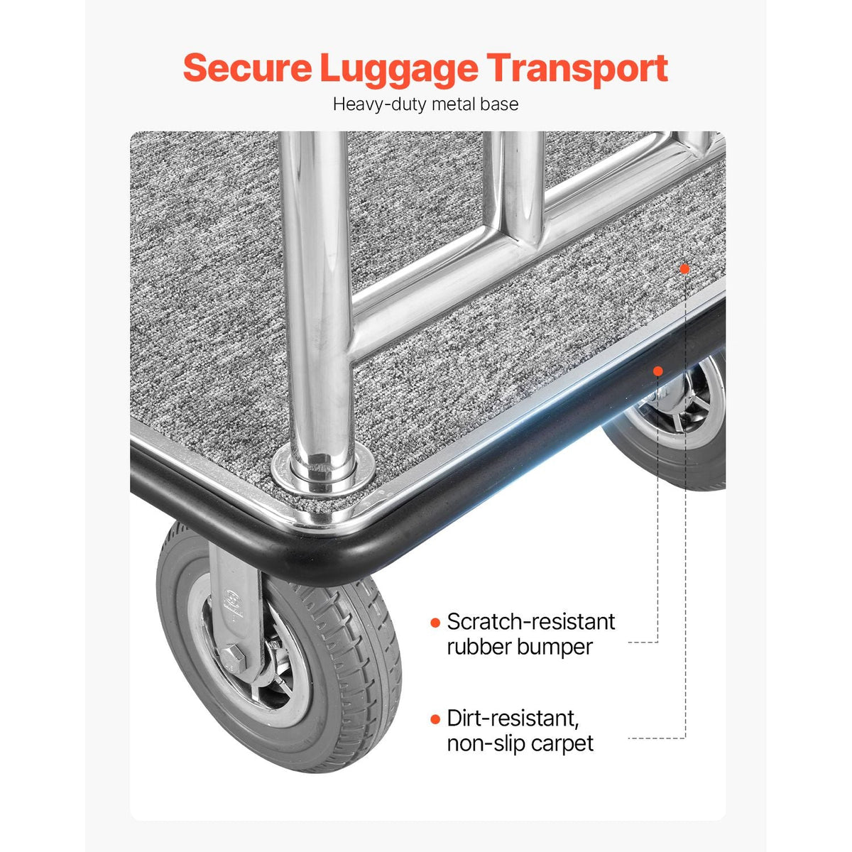 Hotel Luggage Cart, 1200 LBS Load Capacity, Brushed Stainless Steel Finish Bellman's Cart, Valet Cart with Grey Carpeted Deck and 8-inch Rubber Wheels, Ideal for Hotels, Condos, Resorts, Silver