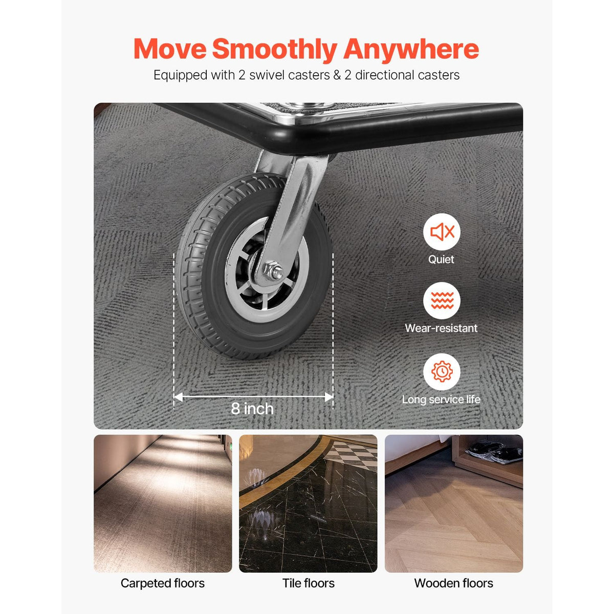 Hotel Luggage Cart, 1200 LBS Load Capacity, Brushed Stainless Steel Finish Bellman's Cart, Valet Cart with Grey Carpeted Deck and 8-inch Rubber Wheels, Ideal for Hotels, Condos, Resorts, Silver