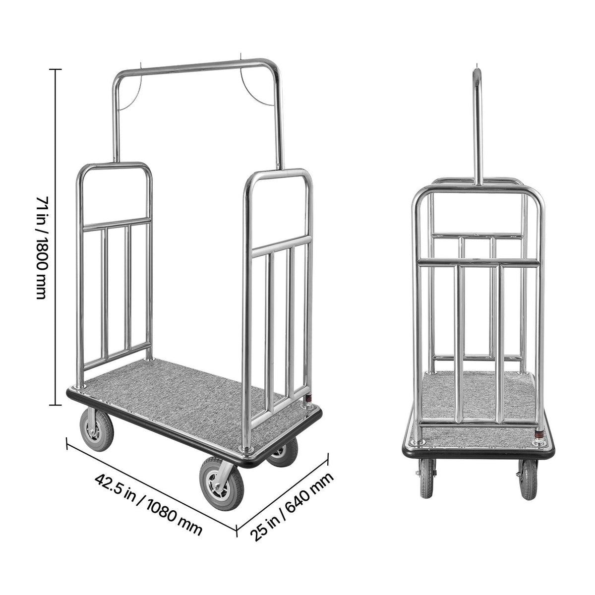 Hotel Luggage Cart, 1200 LBS Load Capacity, Brushed Stainless Steel Finish Bellman's Cart, Valet Cart with Grey Carpeted Deck and 8-inch Rubber Wheels, Ideal for Hotels, Condos, Resorts, Silver