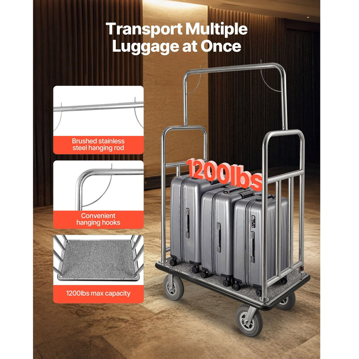 Hotel Luggage Cart, 1200 LBS Load Capacity, Brushed Stainless Steel Finish Bellman's Cart, Valet Cart with Grey Carpeted Deck and 8-inch Rubber Wheels, Ideal for Hotels, Condos, Resorts, Silver