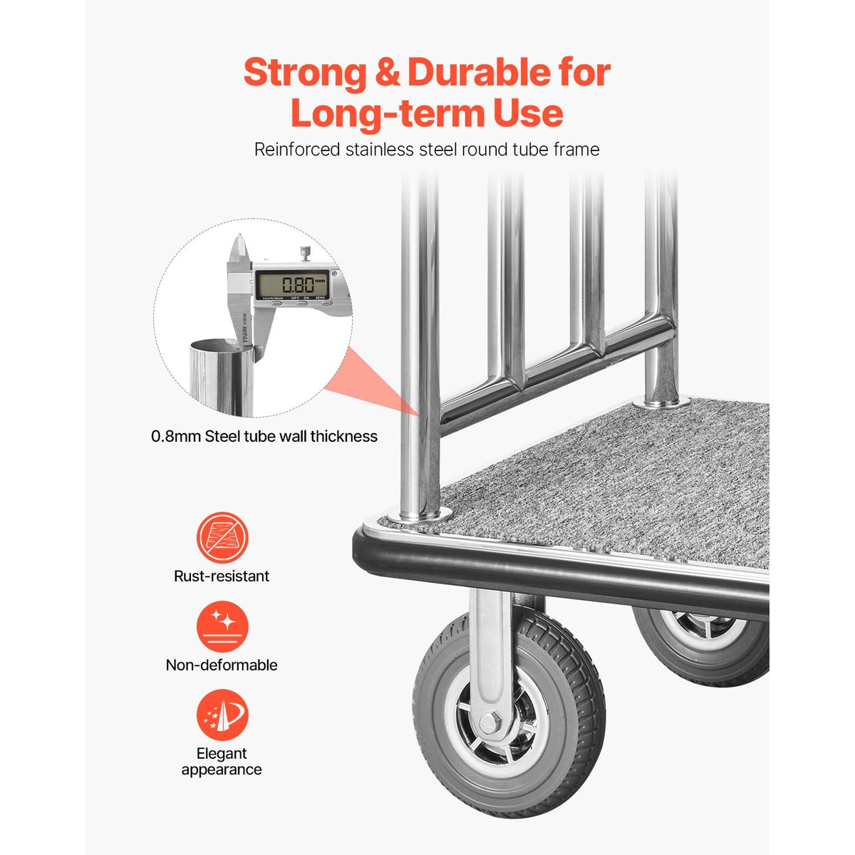 Hotel Luggage Cart, 1200 LBS Load Capacity, Brushed Stainless Steel Finish Bellman's Cart, Valet Cart with Grey Carpeted Deck and 8-inch Rubber Wheels, Ideal for Hotels, Condos, Resorts, Silver
