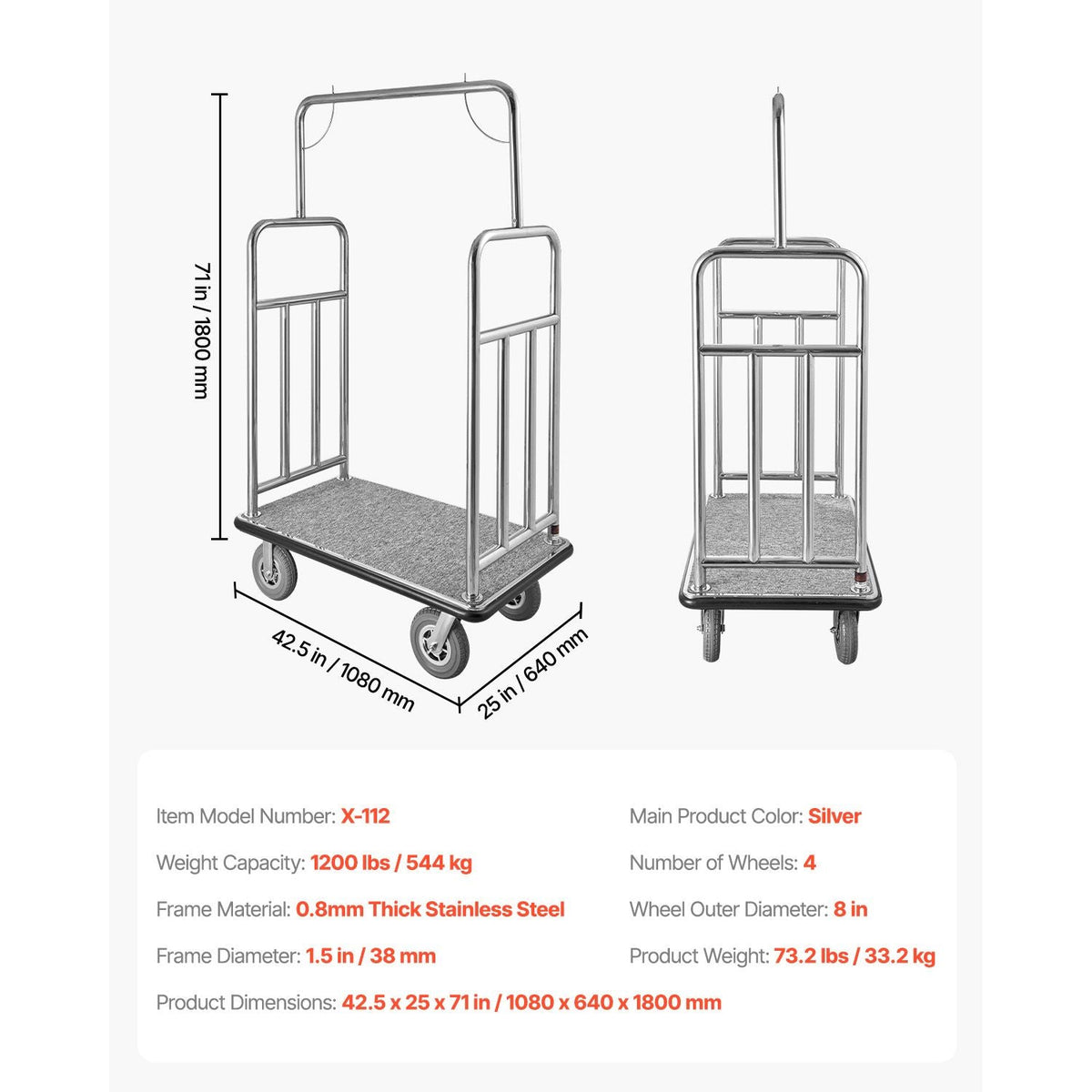 Hotel Luggage Cart, 1200 LBS Load Capacity, Brushed Stainless Steel Finish Bellman's Cart, Valet Cart with Grey Carpeted Deck and 8-inch Rubber Wheels, Ideal for Hotels, Condos, Resorts, Silver