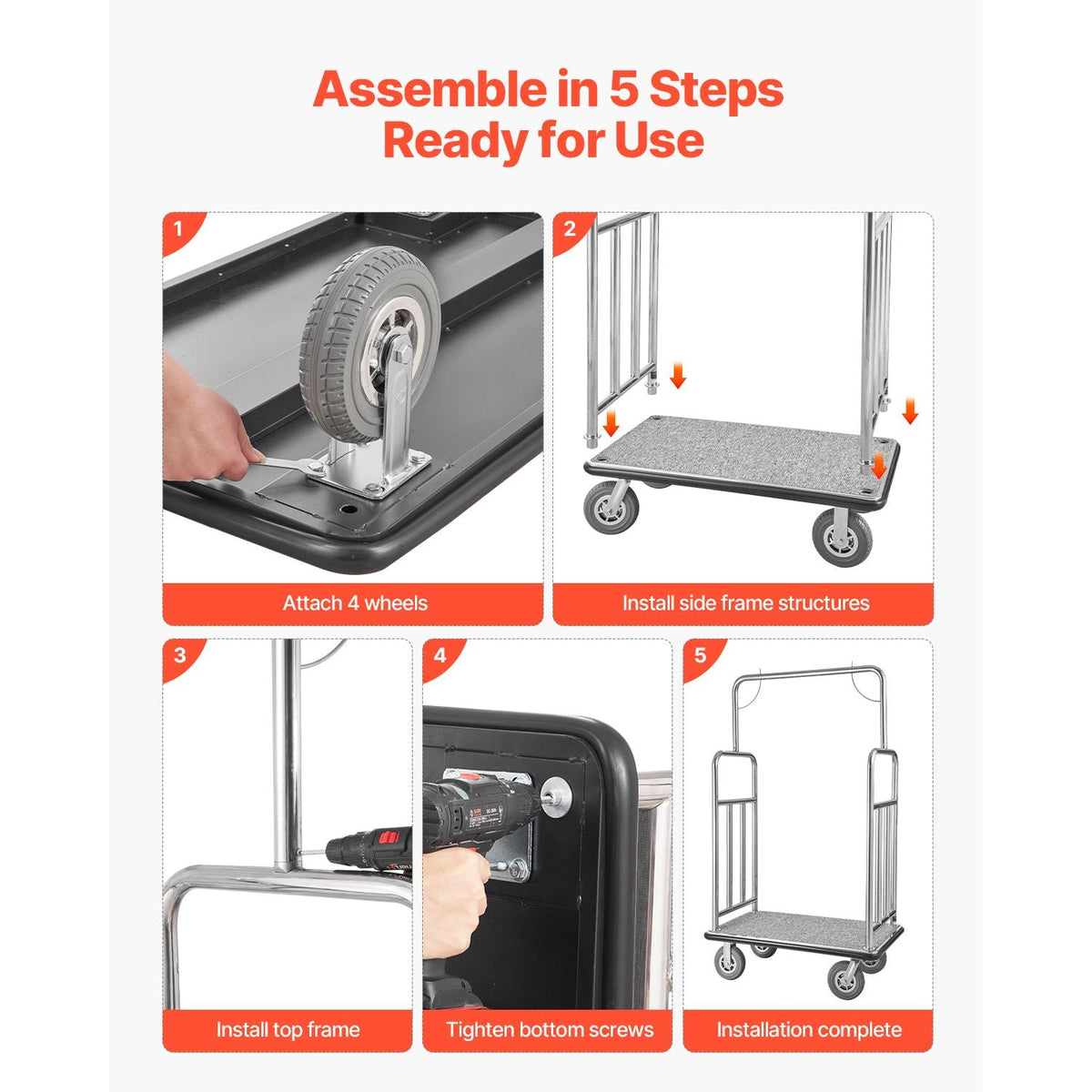 Hotel Luggage Cart, 1200 LBS Load Capacity, Brushed Stainless Steel Finish Bellman's Cart, Valet Cart with Grey Carpeted Deck and 8-inch Rubber Wheels, Ideal for Hotels, Condos, Resorts, Silver