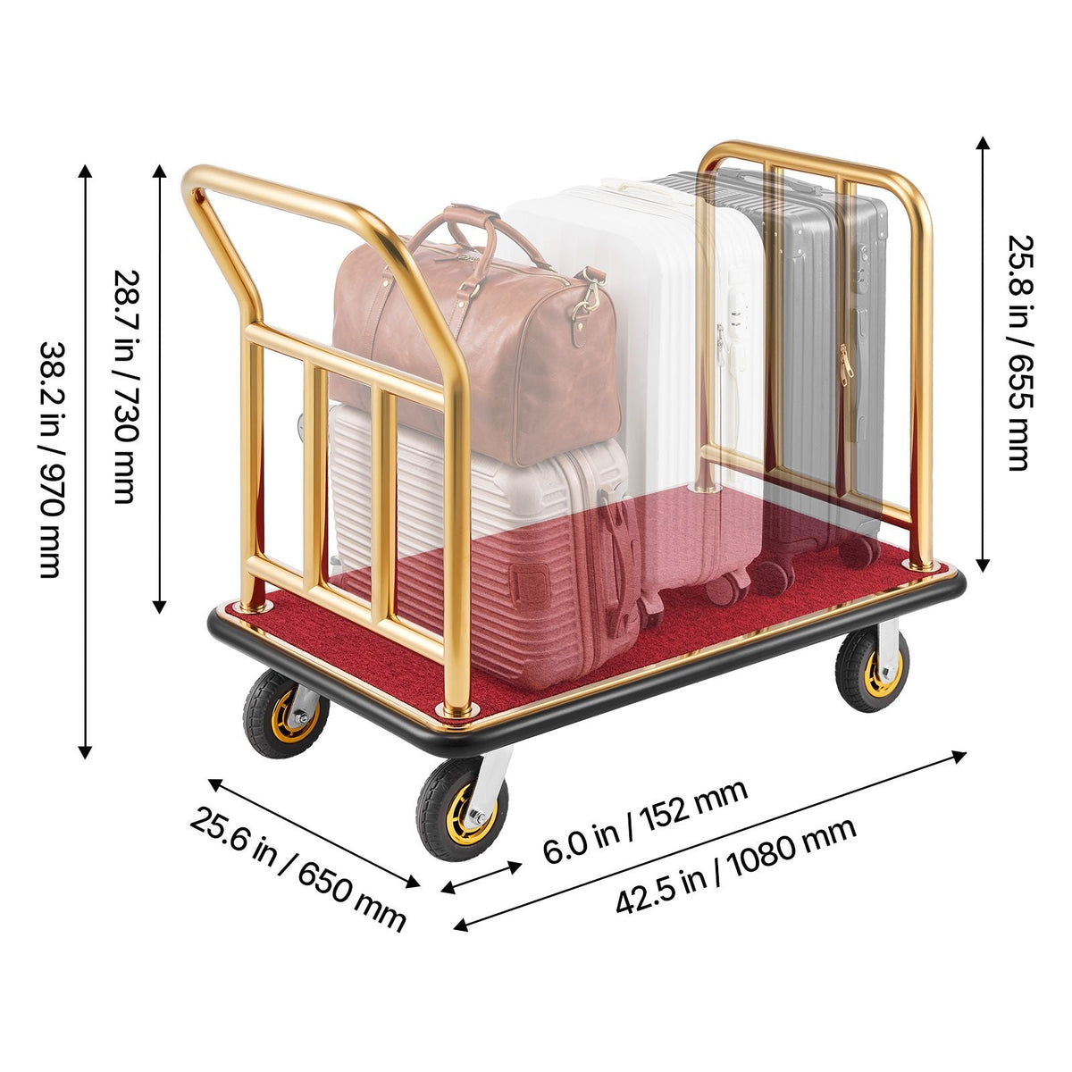 Hotel Luggage Cart, 750 lbs Heavy Duty Bellman Cart with Stainless Steel Frame, 6 in Rubber Wheels, Red Carpeted Deck, Commercial Luggage Carrier Rolling Trolley for Hotels, Resorts, Gold