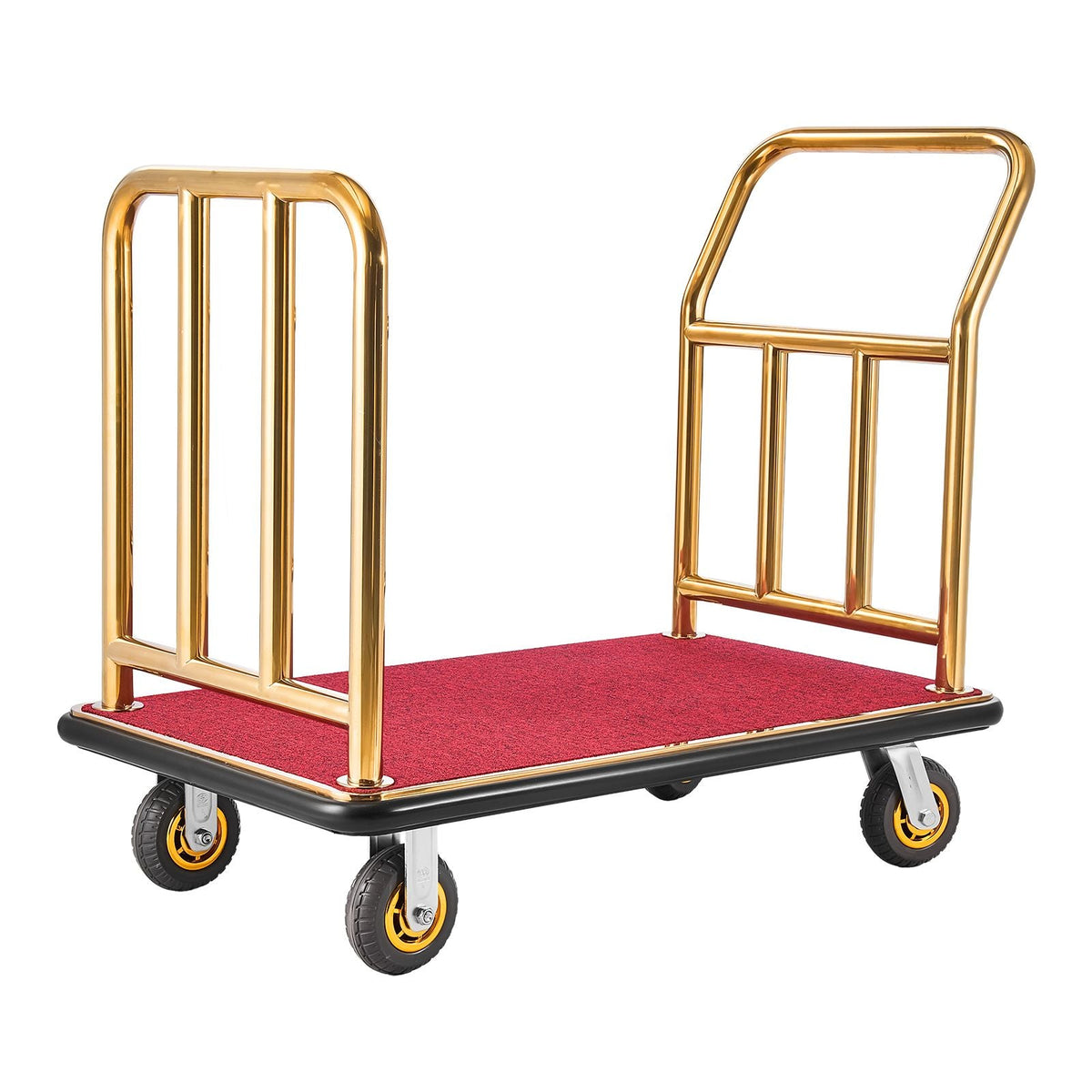 Hotel Luggage Cart, 750 lbs Heavy Duty Bellman Cart with Stainless Steel Frame, 6 in Rubber Wheels, Red Carpeted Deck, Commercial Luggage Carrier Rolling Trolley for Hotels, Resorts, Gold