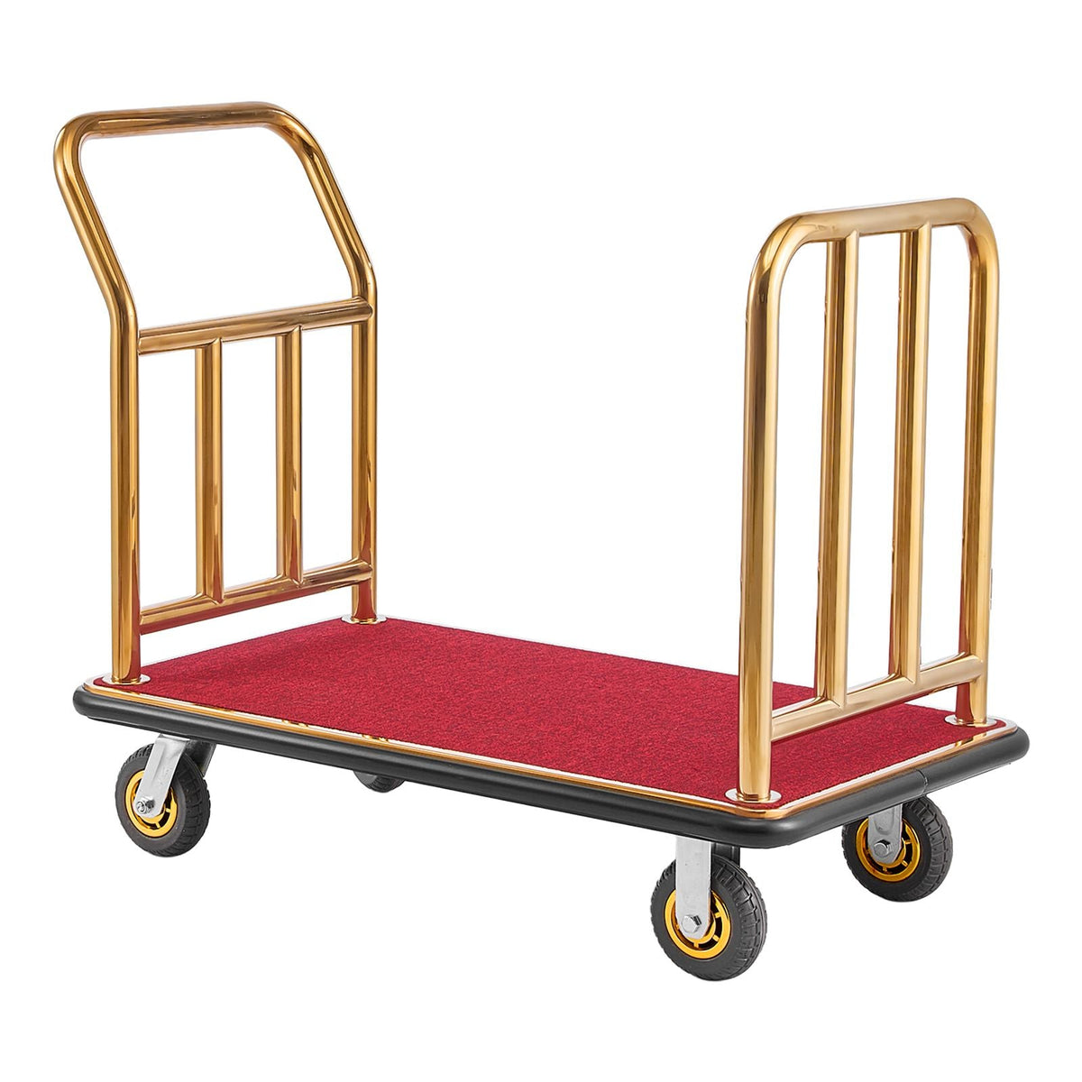 Hotel Luggage Cart, 750 lbs Heavy Duty Bellman Cart with Stainless Steel Frame, 6 in Rubber Wheels, Red Carpeted Deck, Commercial Luggage Carrier Rolling Trolley for Hotels, Resorts, Gold