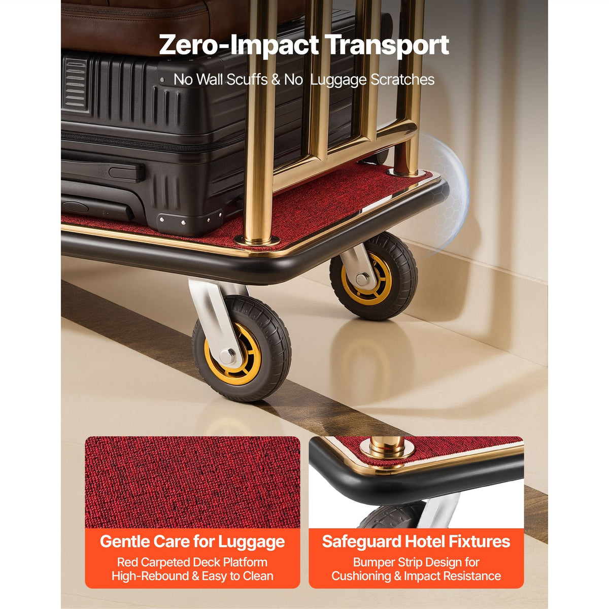 Hotel Luggage Cart, 750 lbs Heavy Duty Bellman Cart with Stainless Steel Frame, 6 in Rubber Wheels, Red Carpeted Deck, Commercial Luggage Carrier Rolling Trolley for Hotels, Resorts, Gold