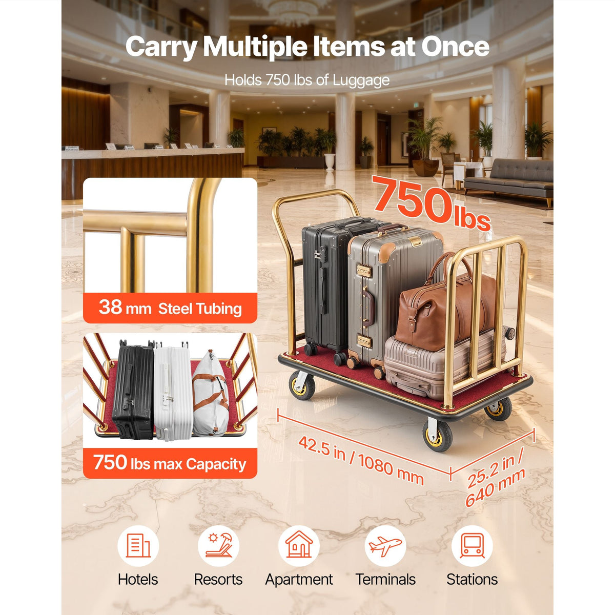 Hotel Luggage Cart, 750 lbs Heavy Duty Bellman Cart with Stainless Steel Frame, 6 in Rubber Wheels, Red Carpeted Deck, Commercial Luggage Carrier Rolling Trolley for Hotels, Resorts, Gold