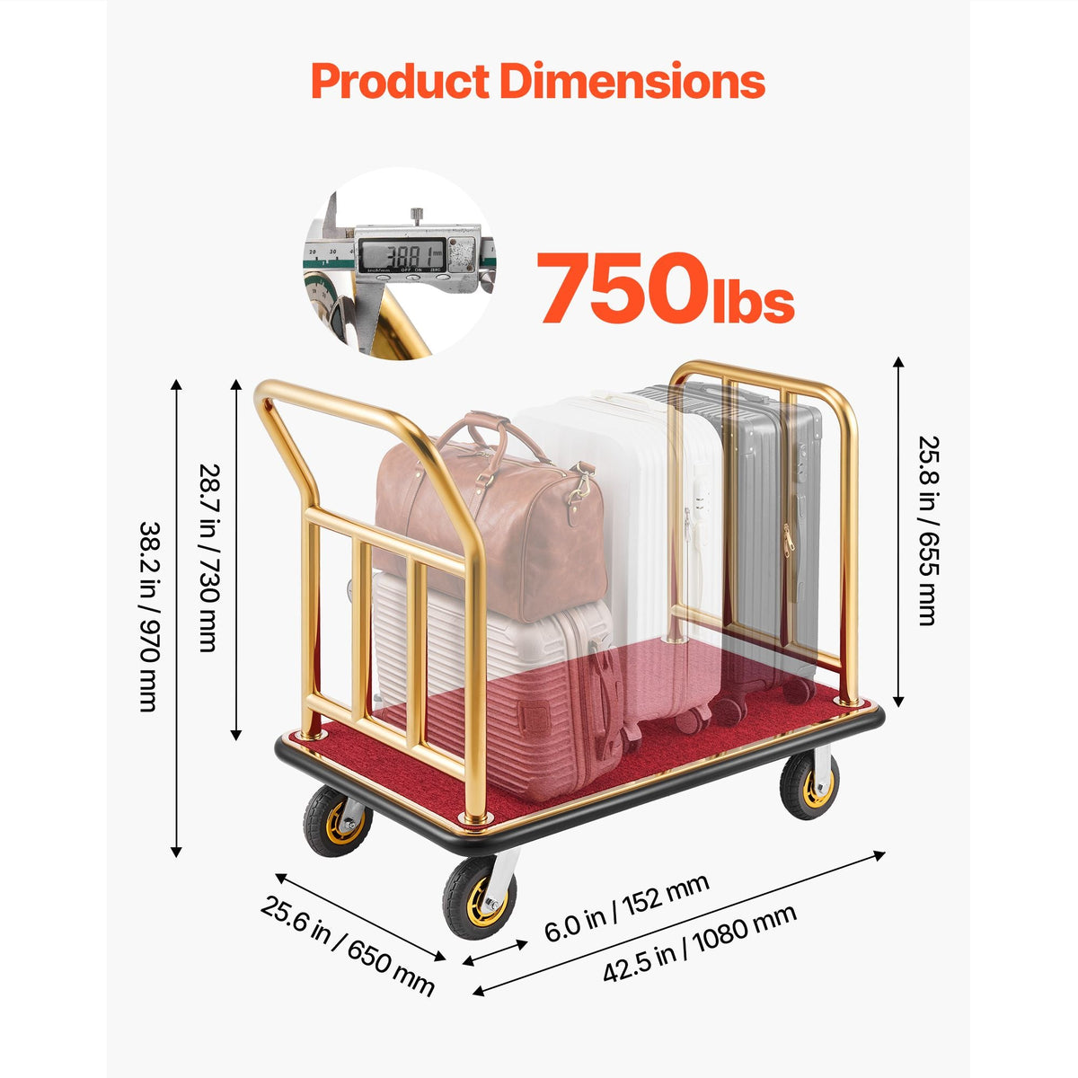 Hotel Luggage Cart, 750 lbs Heavy Duty Bellman Cart with Stainless Steel Frame, 6 in Rubber Wheels, Red Carpeted Deck, Commercial Luggage Carrier Rolling Trolley for Hotels, Resorts, Gold