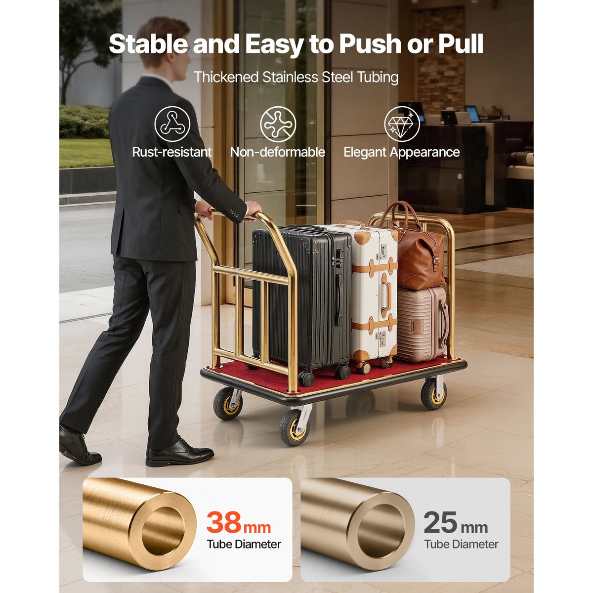Hotel Luggage Cart, 750 lbs Heavy Duty Bellman Cart with Stainless Steel Frame, 6 in Rubber Wheels, Red Carpeted Deck, Commercial Luggage Carrier Rolling Trolley for Hotels, Resorts, Gold