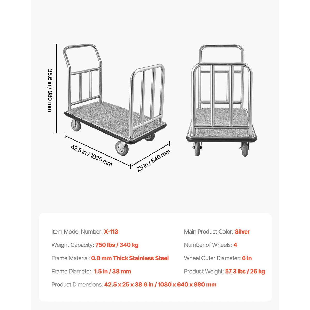 Hotel Luggage Cart, 750 LBS Load Capacity, Deluxe Platform Truck with Removable Front Frame, Valet Cart with Grey Carpeted Deck and 6-inch Rubber Wheels, Ideal for Hotels, Condos, Resorts