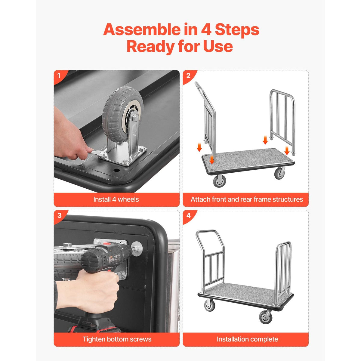 Hotel Luggage Cart, 750 LBS Load Capacity, Deluxe Platform Truck with Removable Front Frame, Valet Cart with Grey Carpeted Deck and 6-inch Rubber Wheels, Ideal for Hotels, Condos, Resorts