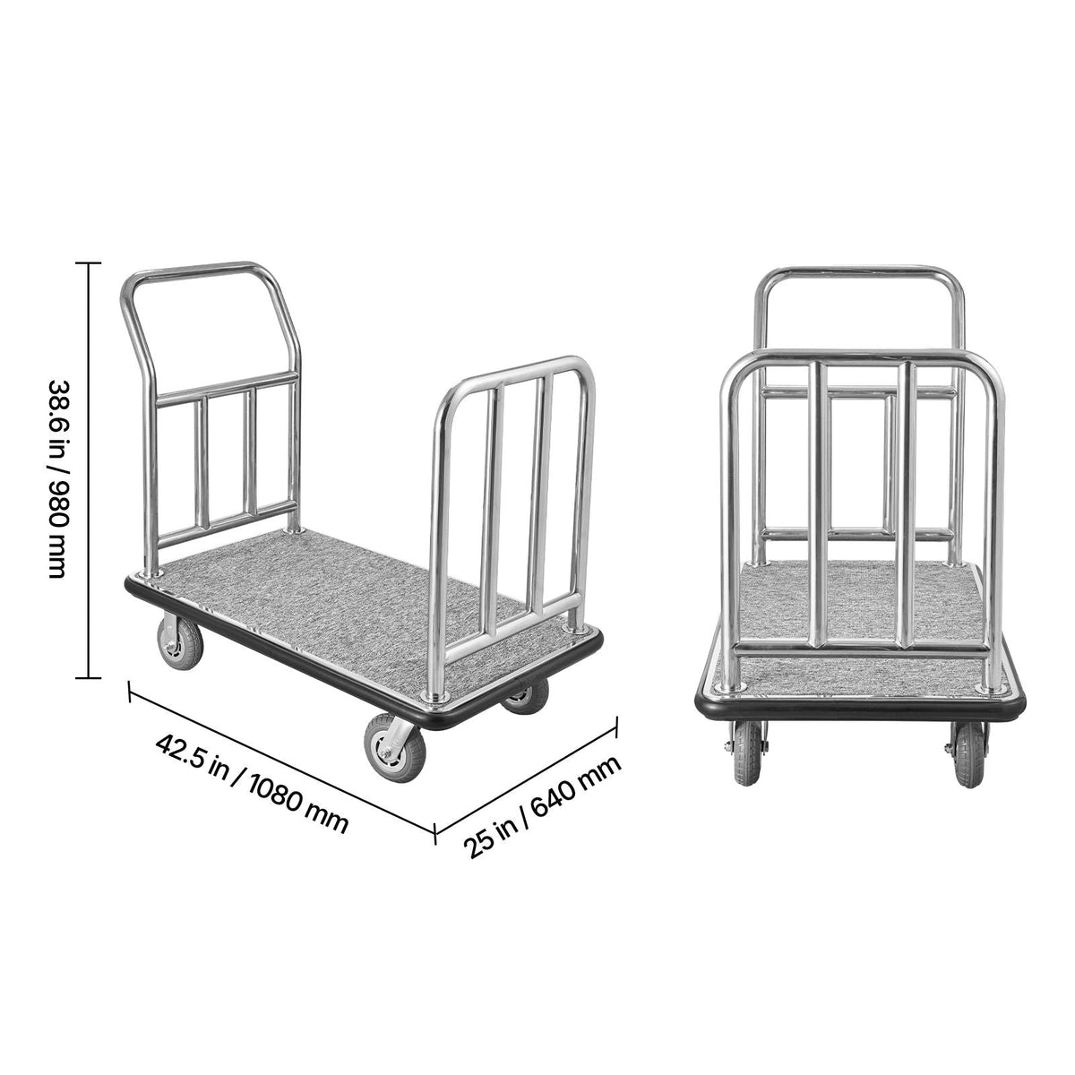 Hotel Luggage Cart, 750 LBS Load Capacity, Deluxe Platform Truck with Removable Front Frame, Valet Cart with Grey Carpeted Deck and 6-inch Rubber Wheels, Ideal for Hotels, Condos, Resorts