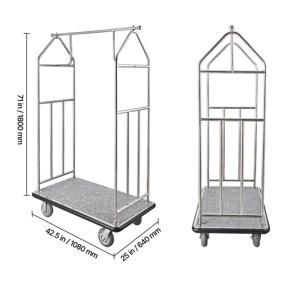 Hotel Luggage Cart, 800 LBS Load Capacity, Brushed Stainless Steel Finish Bellman's Cart, Valet Cart with Grey Carpeted Deck and 6-inch Rubber Wheels, Ideal for Hotels, Condos, Resorts, Silver