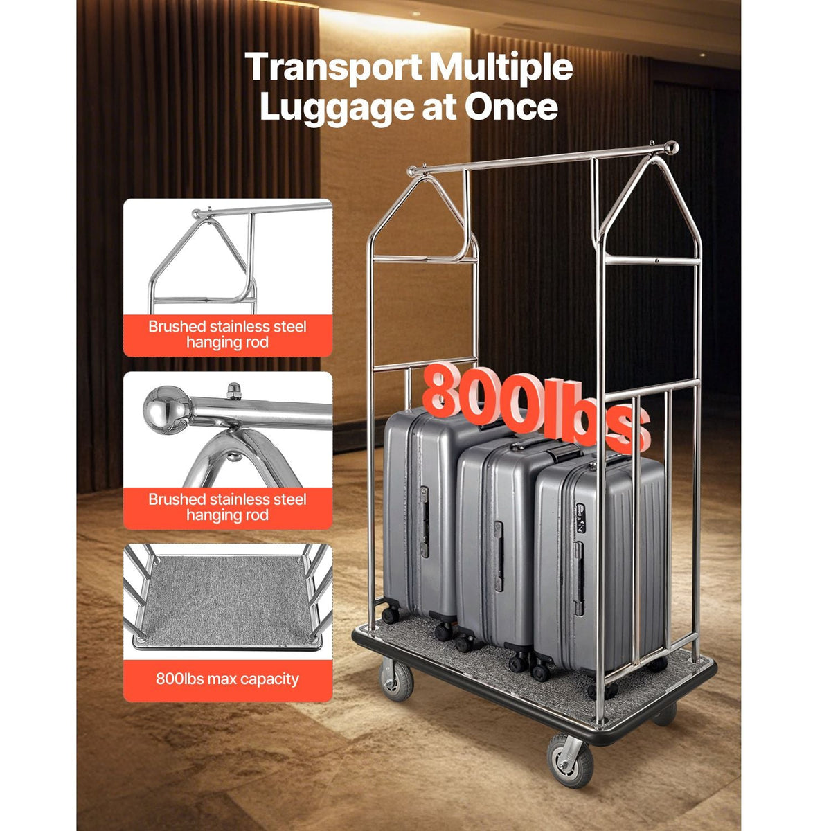 Hotel Luggage Cart, 800 LBS Load Capacity, Brushed Stainless Steel Finish Bellman's Cart, Valet Cart with Grey Carpeted Deck and 6-inch Rubber Wheels, Ideal for Hotels, Condos, Resorts, Silver