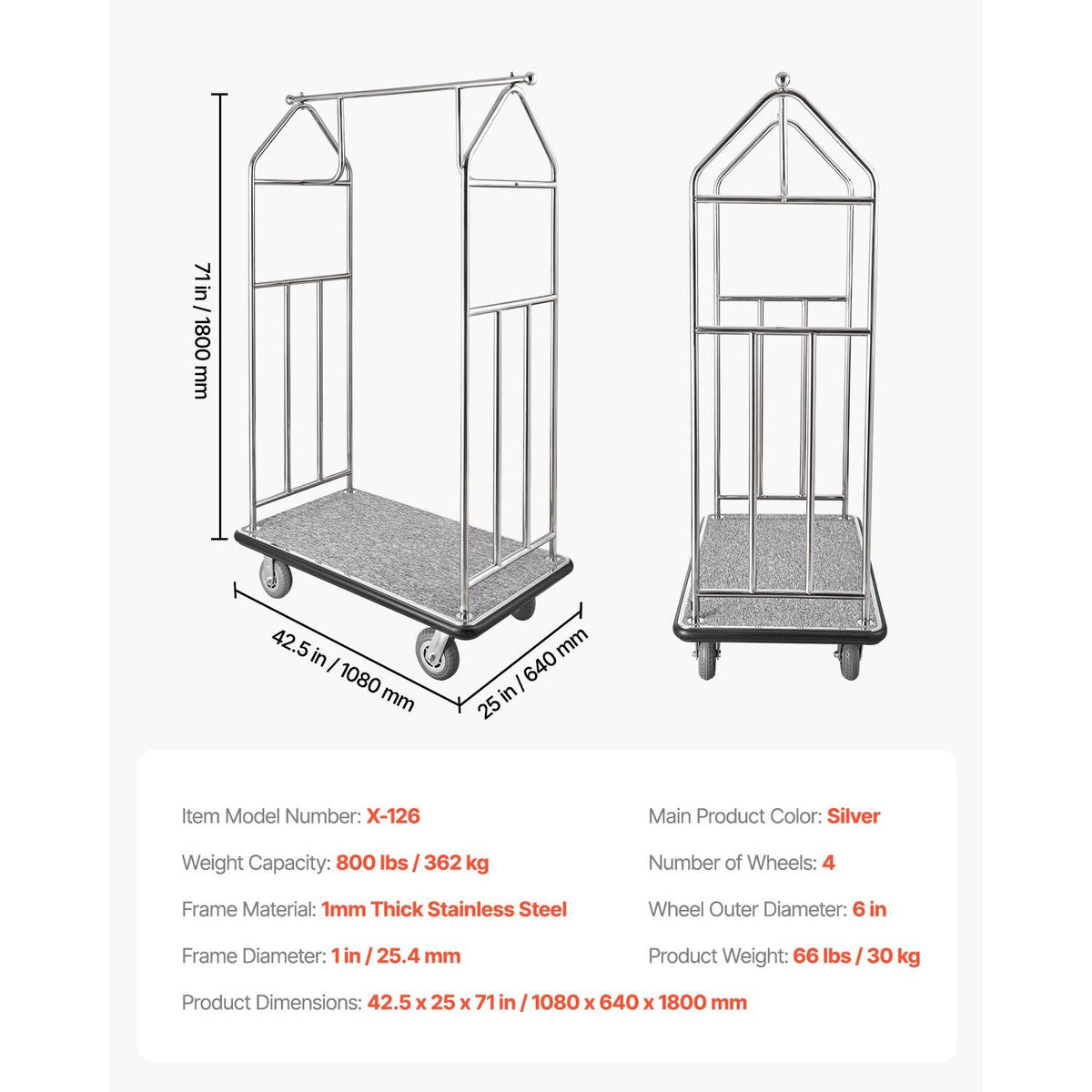 Hotel Luggage Cart, 800 LBS Load Capacity, Brushed Stainless Steel Finish Bellman's Cart, Valet Cart with Grey Carpeted Deck and 6-inch Rubber Wheels, Ideal for Hotels, Condos, Resorts, Silver