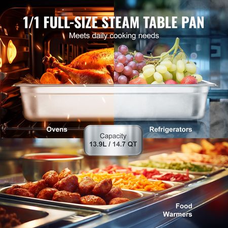 Hotel Pan, Full Size Anti-Jam Steam Pan, 0.8mm Thick Stainless Steel Restaurant Steam Table Pan, 4-Inch Deep Commercial Table Pan, Catering Storage Food Pan, for Industrial & Scientific