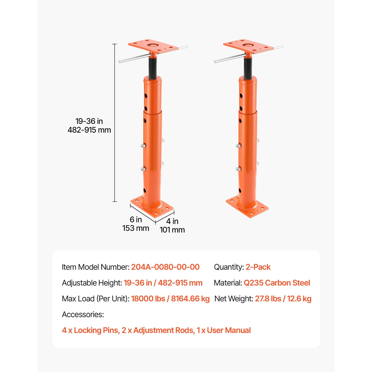 House Floor Jacks, 2 Pack 19-36 Inch Height Range, 18000 lbs Max Load Capacity, Adjustable Support Beam Basement Jack Post Pole for Leveling, Lift Steel Telescoping Post for Temporary Support