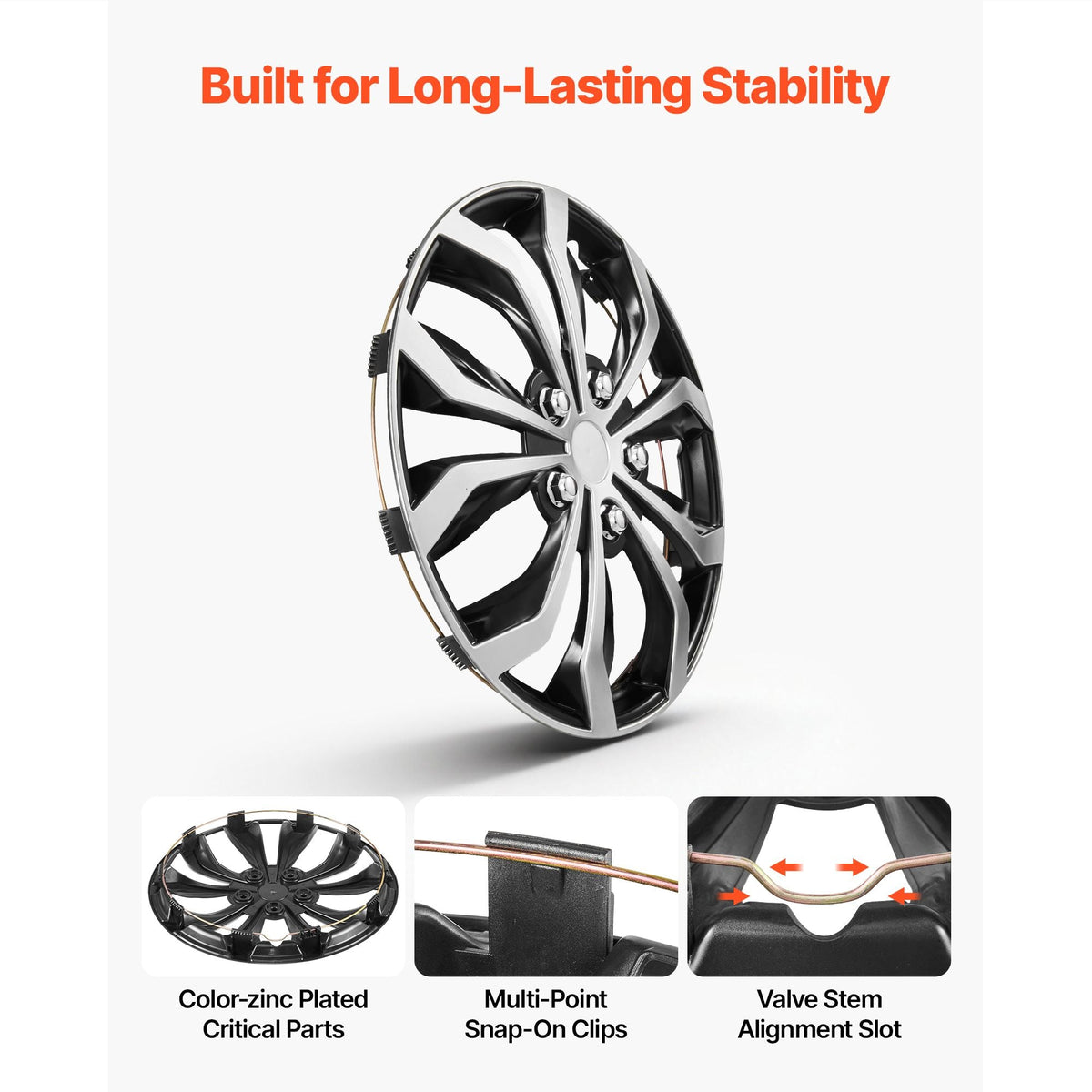 Hubcaps Wheel Covers, 16 Inch Set of 4 Wheel Rim Cover Hubcaps OEM Replacement, R16 Size Snap On Car Hub Caps, Universal 10-Spoke ABS Tire Rim Caps for Hyundai Chevrolet Ford Honda, Silver/Black