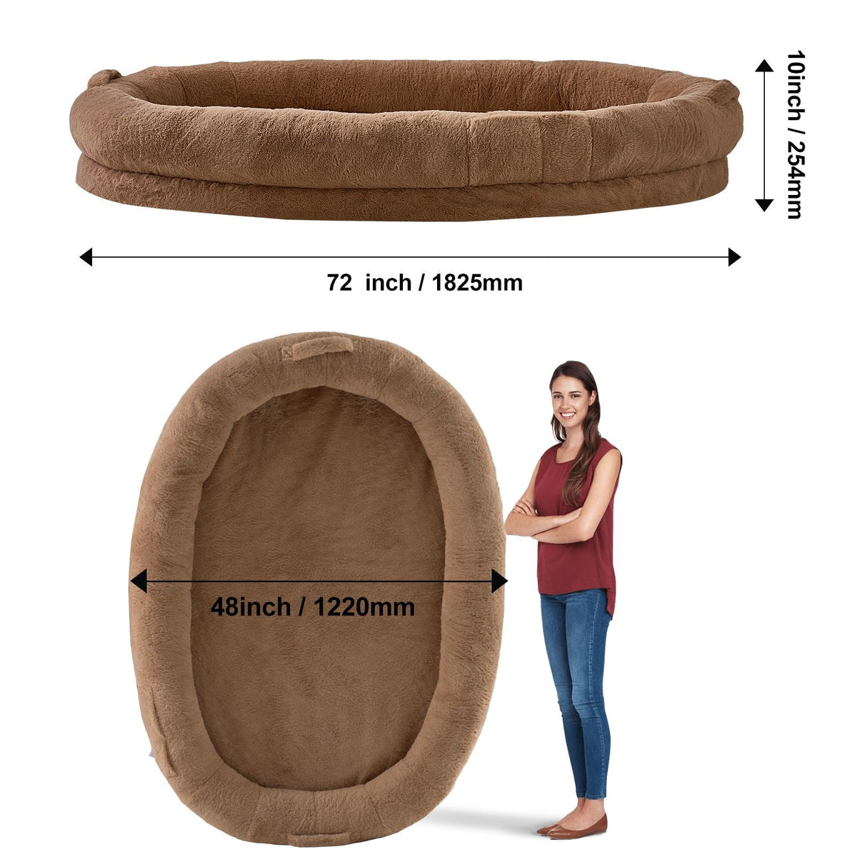 Human Dog Bed, 72" x48"x10" Human Dog Bed for Adult, Human Size Dog Bed with Washable Faux Rabbit Fur Cover, Egg Orthopedic Foam, Storage Pocket, Large Dog Bean Bed, Brown