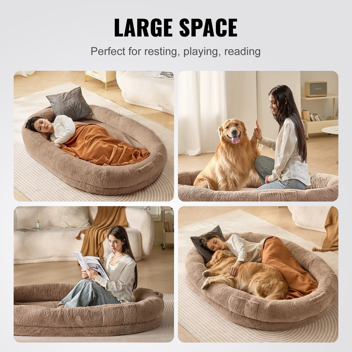 Human Dog Bed, 72" x48"x10" Human Dog Bed for Adult, Human Size Dog Bed with Washable Faux Rabbit Fur Cover, Egg Orthopedic Foam, Storage Pocket, Large Dog Bean Bed, Brown