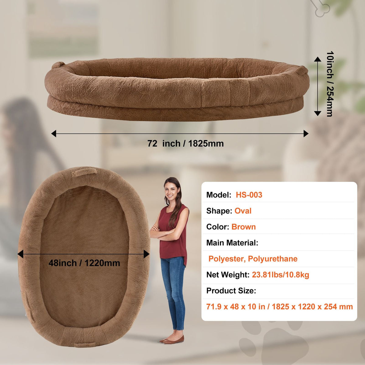 Human Dog Bed, 72" x48"x10" Human Dog Bed for Adult, Human Size Dog Bed with Washable Faux Rabbit Fur Cover, Egg Orthopedic Foam, Storage Pocket, Large Dog Bean Bed, Brown